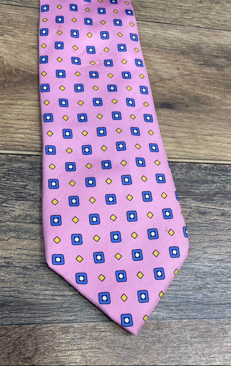 Lauren Ralph Lauren Men's Pink Blue Geometric Square Diamond Pattern Silk Tie