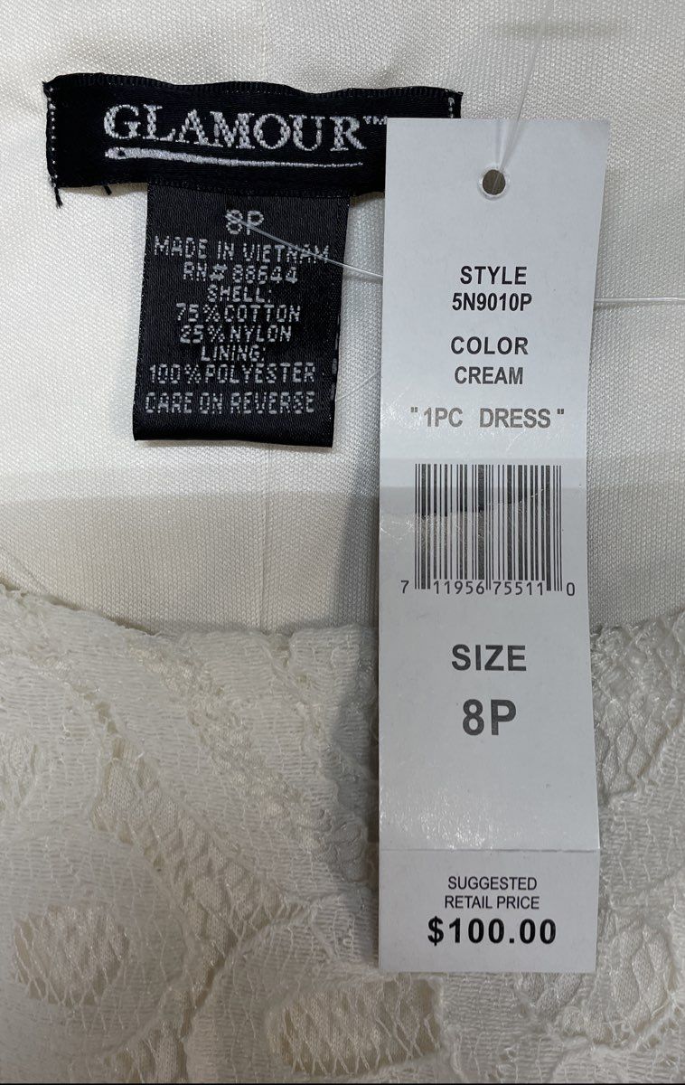 Glamour Women's Cream Floral Lace Sheath Dress 3/4 Sleeve Size 8P NWT