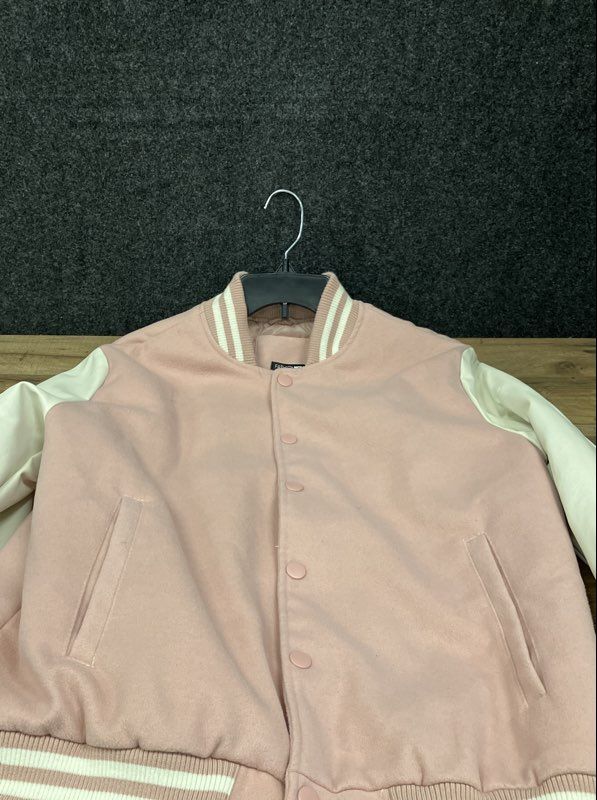 Fashion Nova Women's Pink Varsity Jacket Faux Leather Sleeves Quilted Sz M