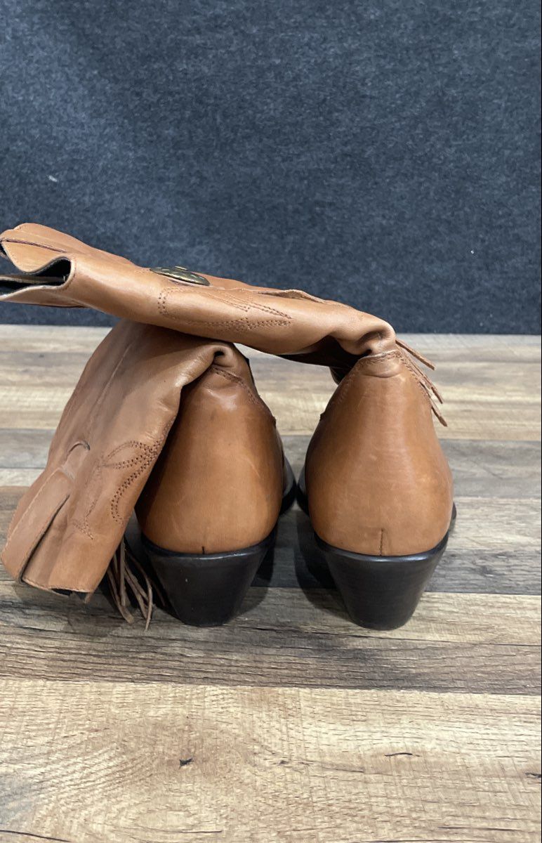 Vintage Durango Tan Brown Leather Slouch Fringe Western Cowboy Boots Size 10