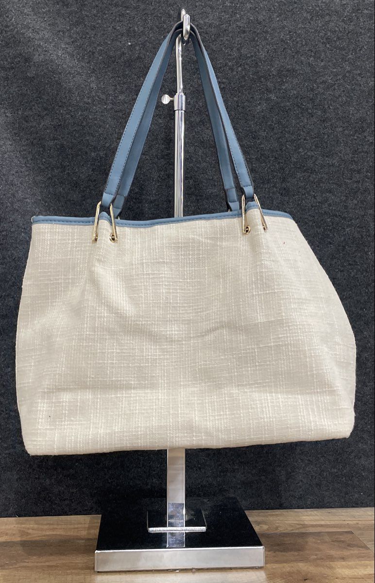 Adrienne Vittadini White Woven Fabric Blue Trim Tote Bag Gold Hardware