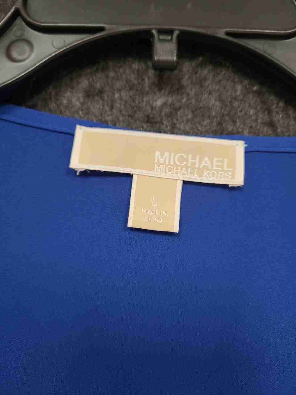 Michael Kors Women's Blue Cold Shoulder Ruffle Tie Neck Blouse Sz L