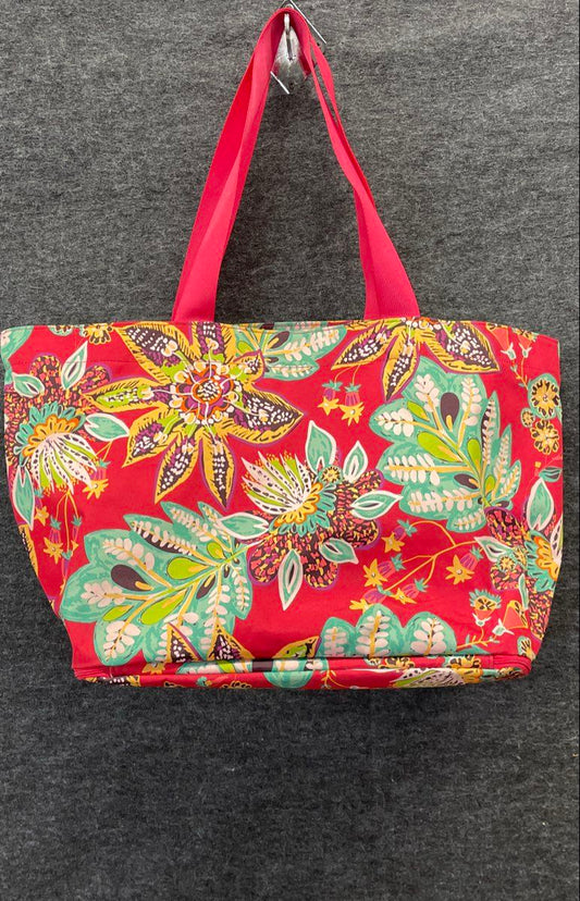 Vera Bradley Red Floral Beach Tote Bag Zipper Bottom Shoe Compartment Large