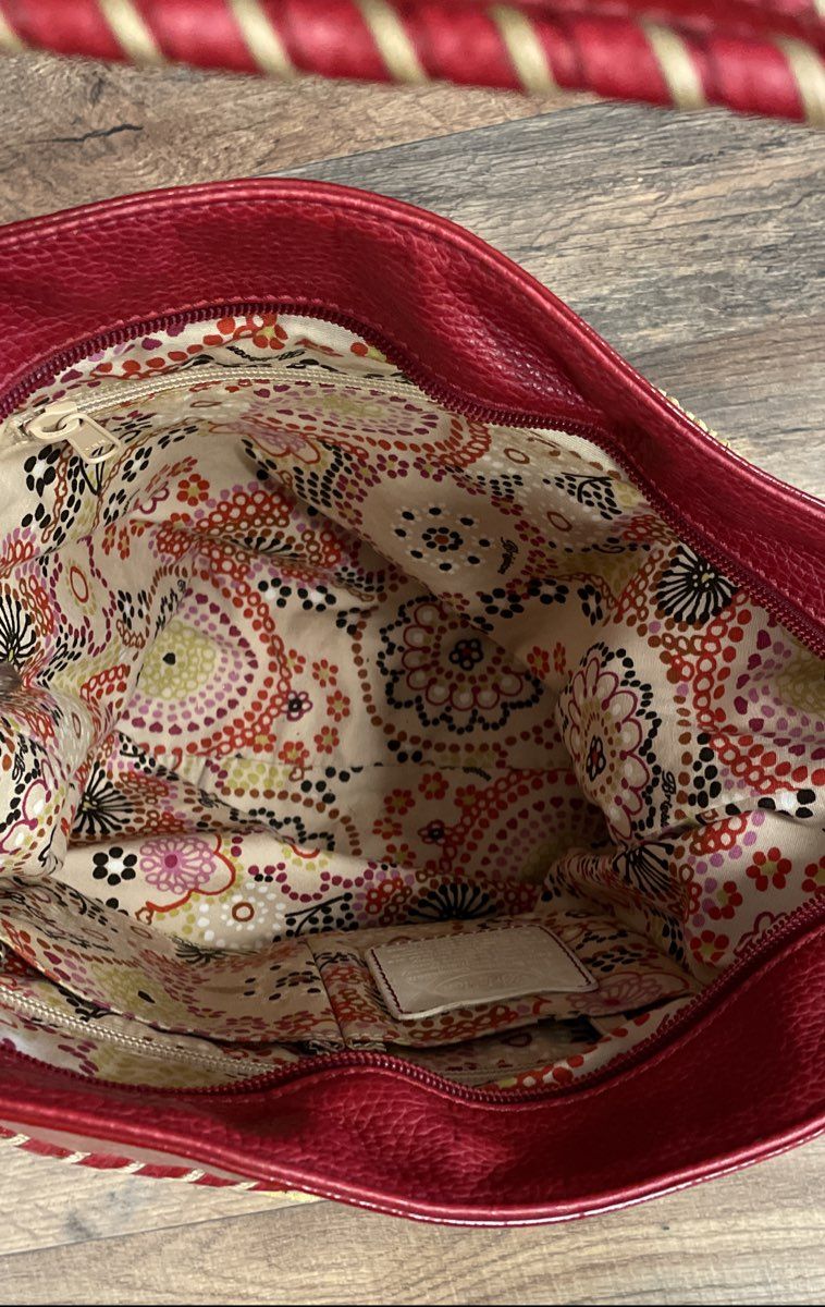 Brighton Red Leather Trim Woven Straw Hobo Shoulder Bag Medium
