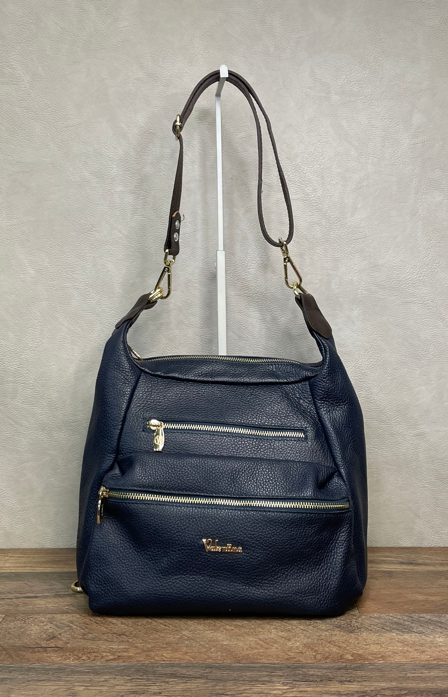 Valentina Navy Blue Pebbled Leather Shoulder Bag Gold Hardware Made in Italy