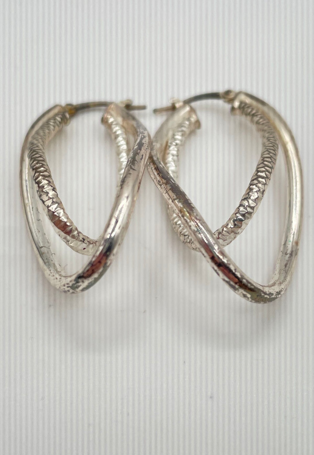 925 Sterling Silver Polished & Textured Double Twisted Oval Hoop Earrings 6.3g