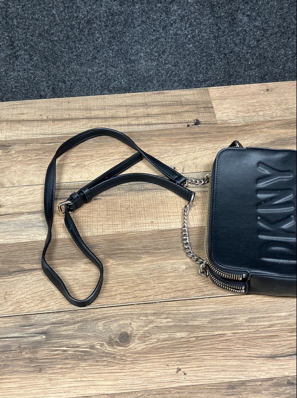 DKNY Black Embossed Logo Double Zip Crossbody Bag Gold Chain Strap Handbag