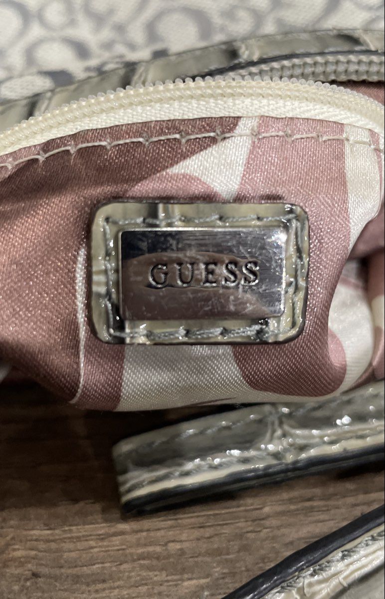 Guess White Logo Monogram Crossbody Bag Mini Purse Croc Embossed Trim