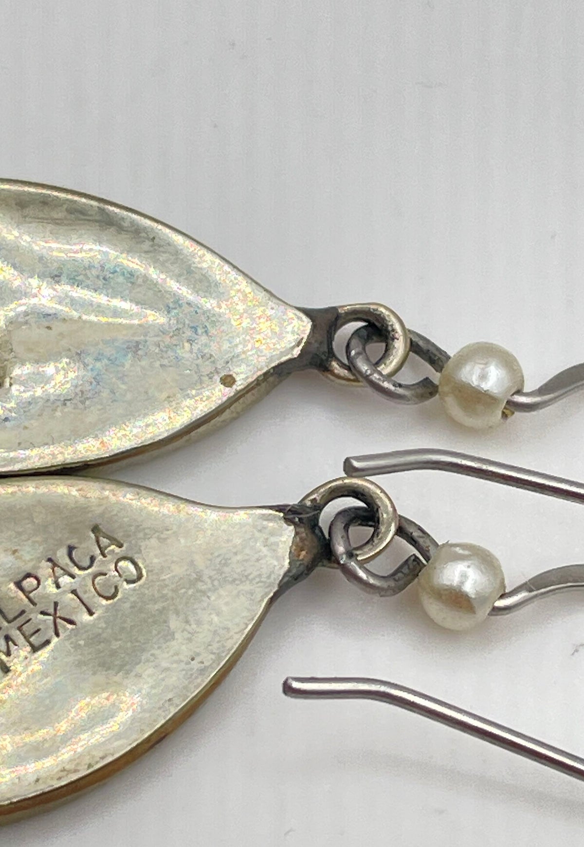 Alpaca Silver MOP Lapis Lazuli Inlay Pearl Accent Earrings Mexico Marked 2.8g
