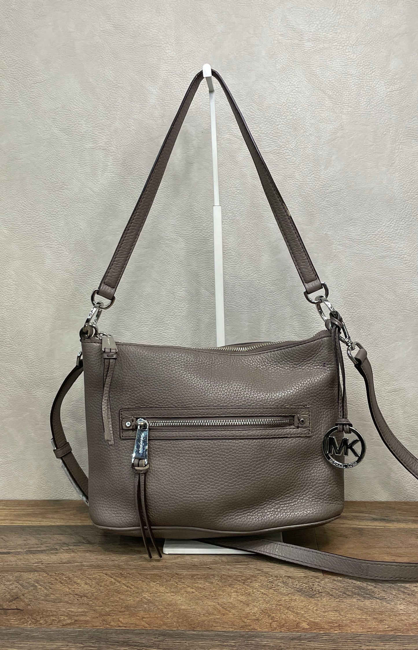 Michael Kors Taupe Pebbled Leather Bedford Crossbody Bag Silver Hardware