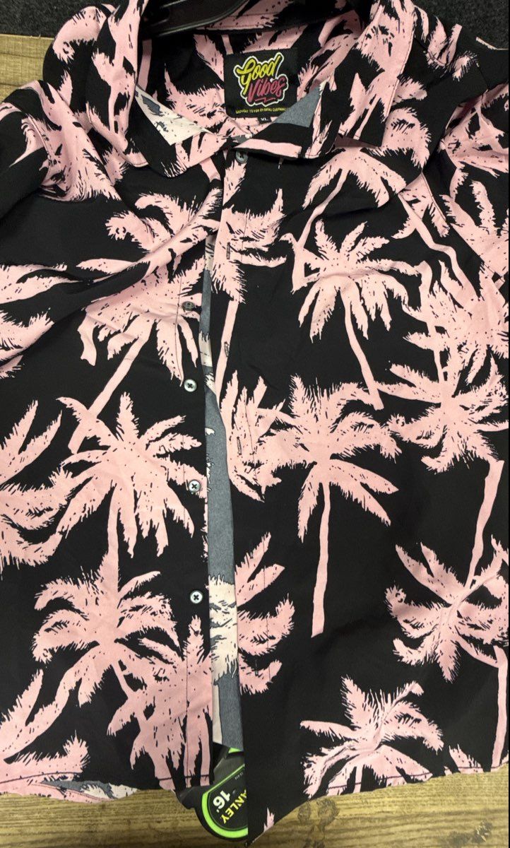 Drill Clothing Co Good Vibes Palm Tree Hawaiian Shirt Black Pink Tropical Sz XL