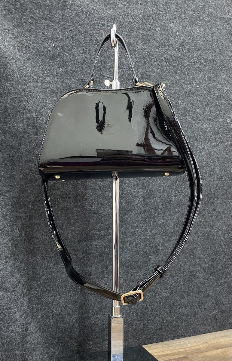 Black Latex Rhinestone Kiss Lock Satchel Crossbody Handbag Gold Hardware
