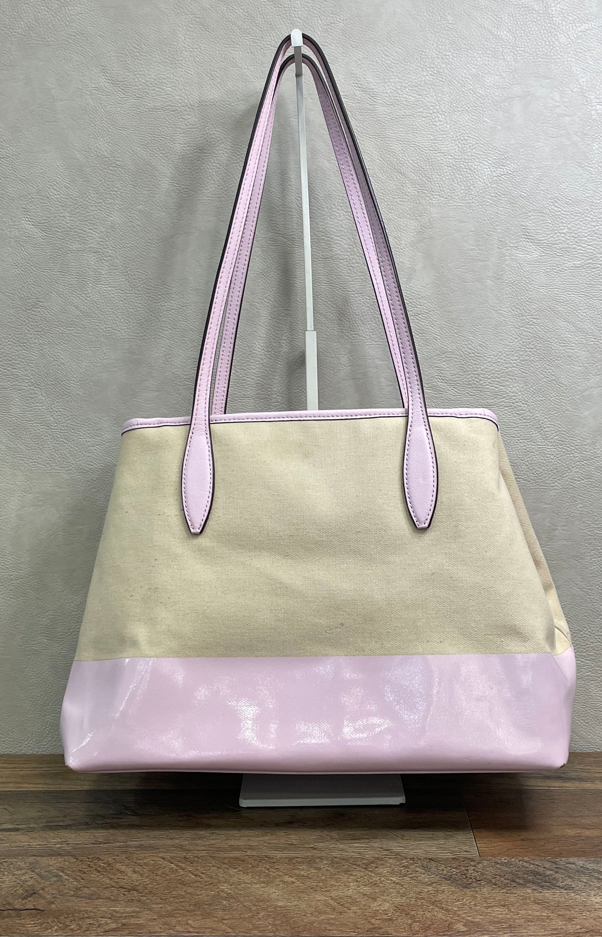 Kate Spade Beige Pink Colorblock Canvas Patent Leather Tote Bag Medium