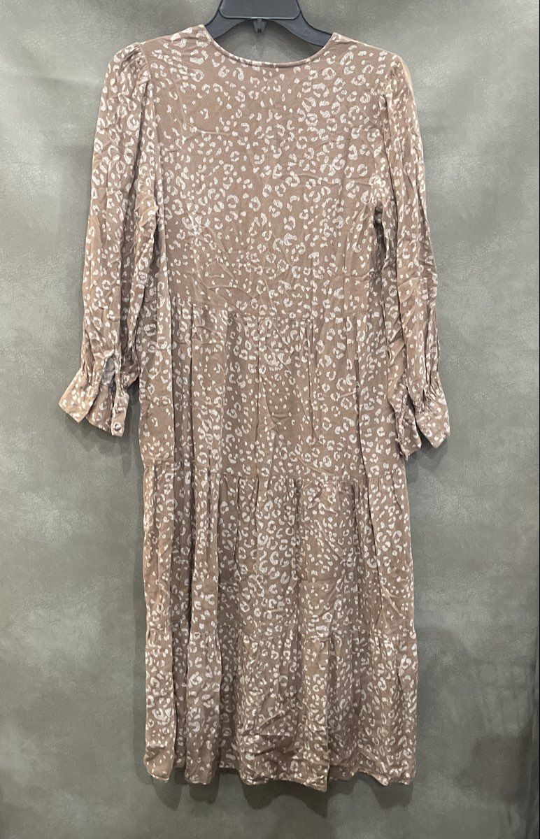 A New Day Women's Brown Leopard Print Tiered V-Neck Long Sleeve Midi Dress Sz XS