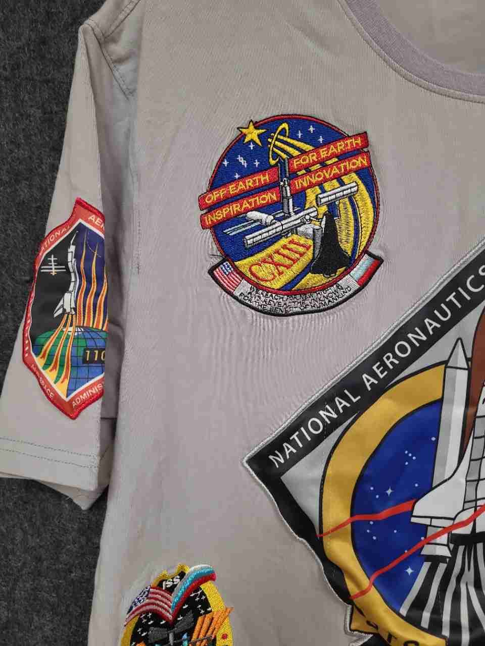 Hudson Outerwear Men's T-Shirt Tan NASA Space Shuttle Mission Patches Sz S