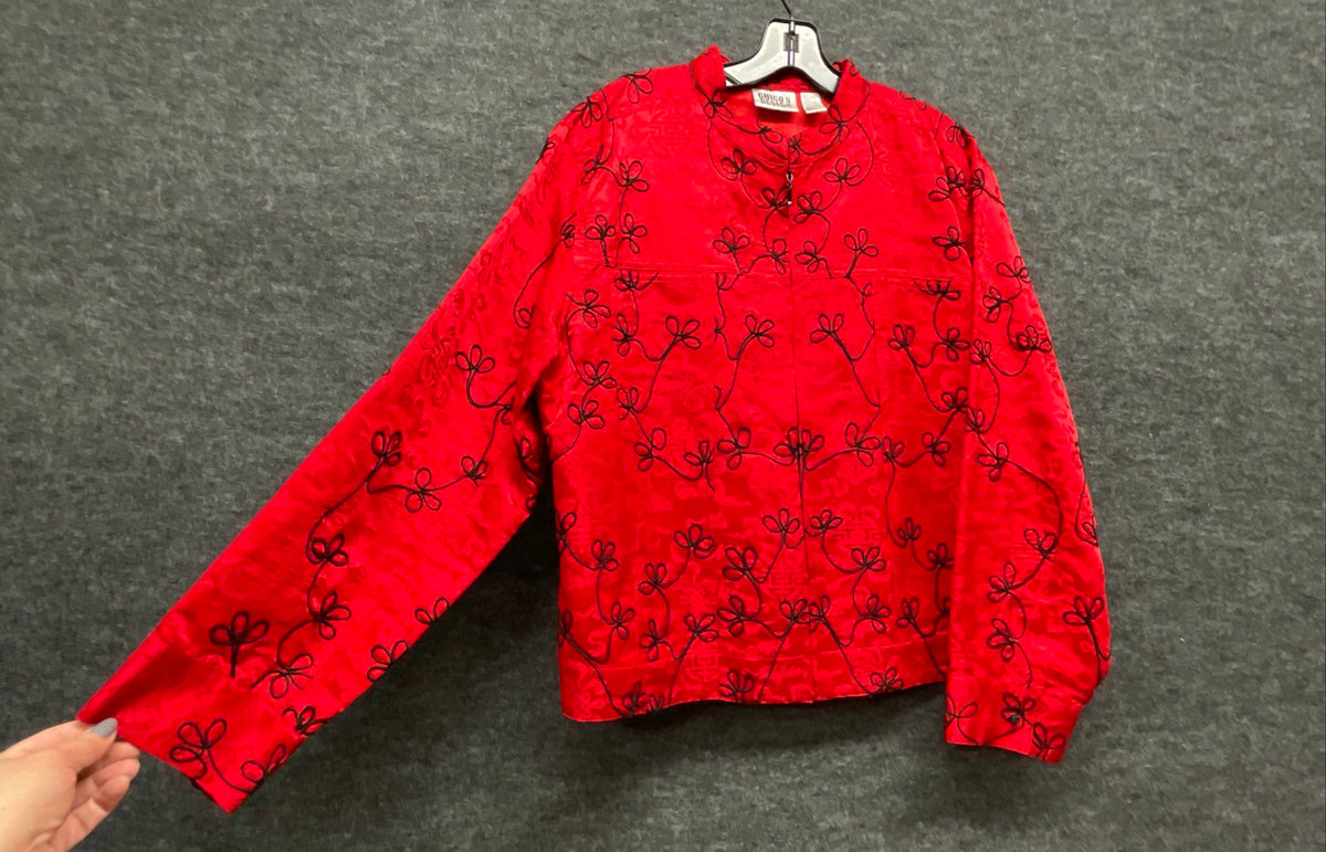 Vintage Y2K Chico's Design Women's Red Silk Embroidered Mandarin Jacket Sz 3