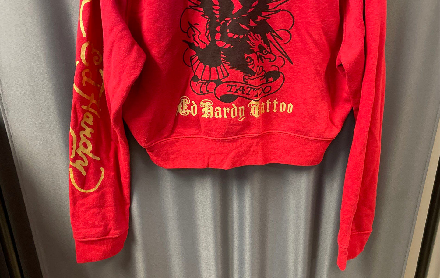 Ed Hardy Women's Red Broken Hearts Tattoo Graphic Eagle Crop Zip Up Hoodie Sz XL