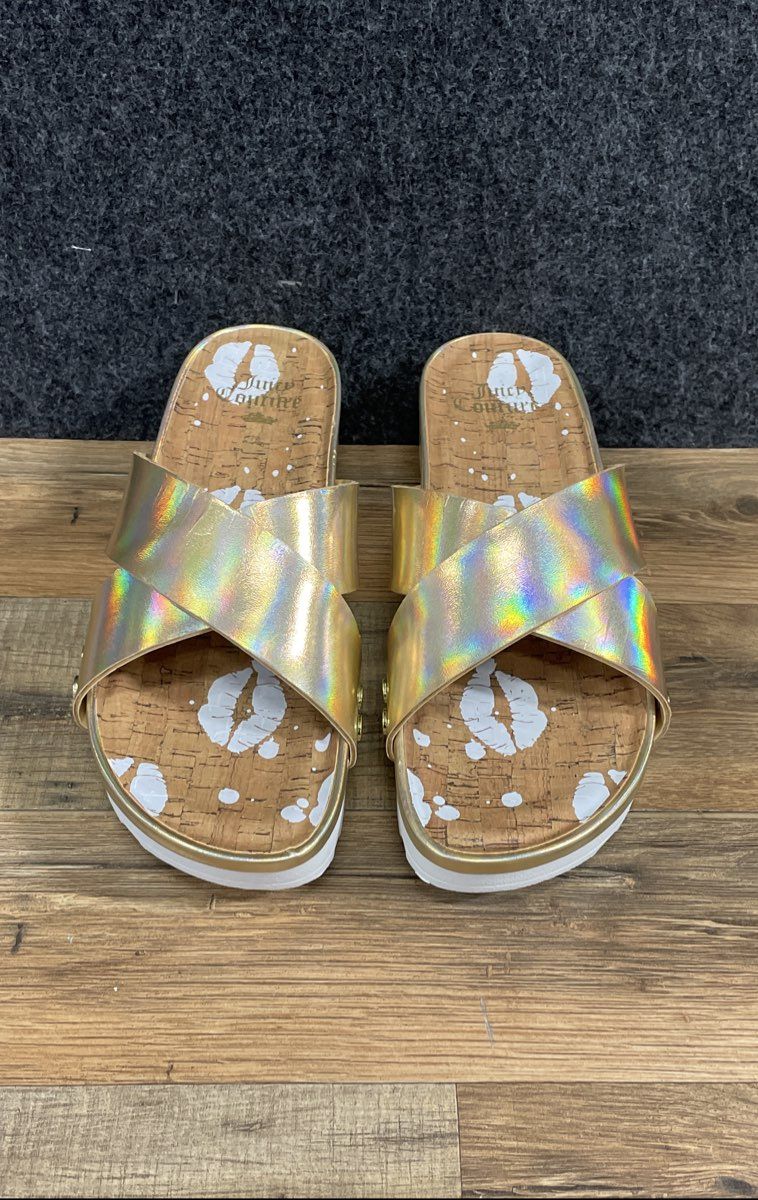 Juicy Couture Cassidy Iridescent Gold Platform Slide Sandals Women's Size 7.5