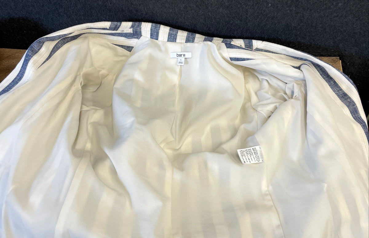 Bar III Women's Blue White Striped Cotton Linen Blend Open Front Blazer Sz L