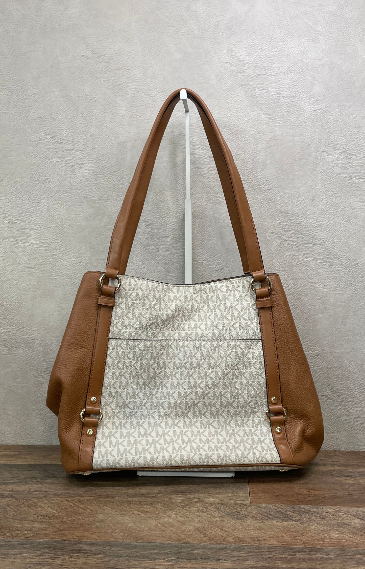 Michael Kors Brown White Monogram Signature Canvas Tote Bag Gold Hardware