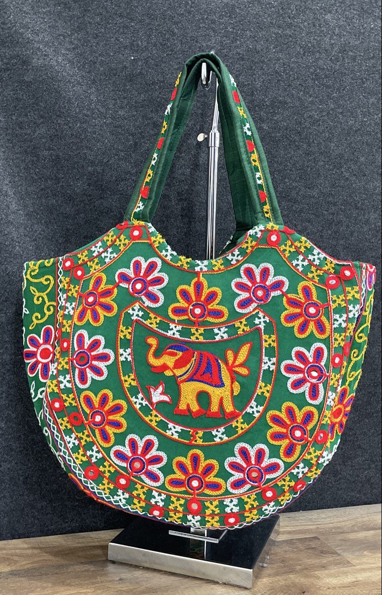 Green Embroidered Elephant Shisha Mirror Work Fabric Tote Shoulder Bag