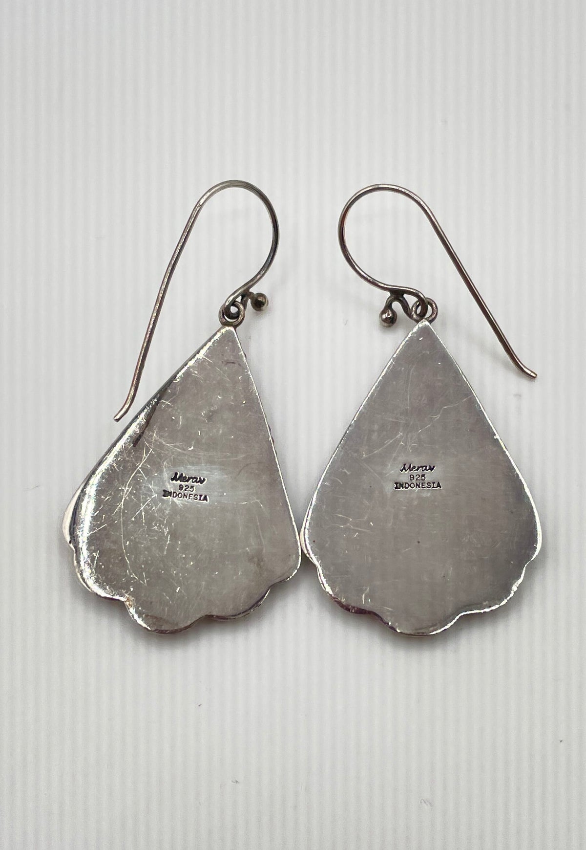 Merav 925 Sterling Silver Abalone Granulated Scalloped Dangle Earrings 8.2g