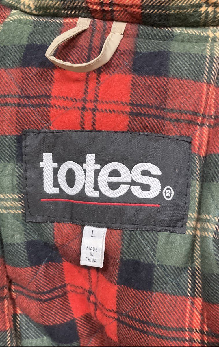 Vintage 90s Totes Tan Vinyl Rain Coat Jacket Plaid Lined Hooded Size L