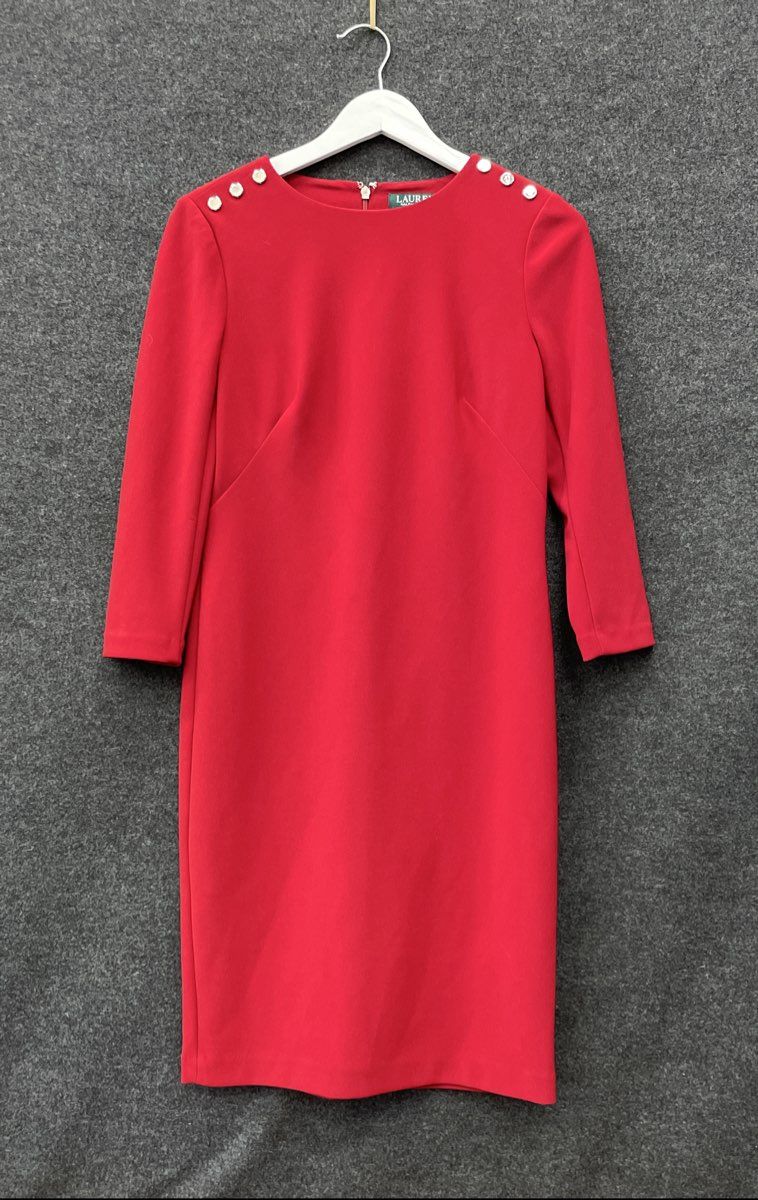 Lauren Ralph Lauren Women's Red Sheath Dress Silver Shoulder Buttons Size 2