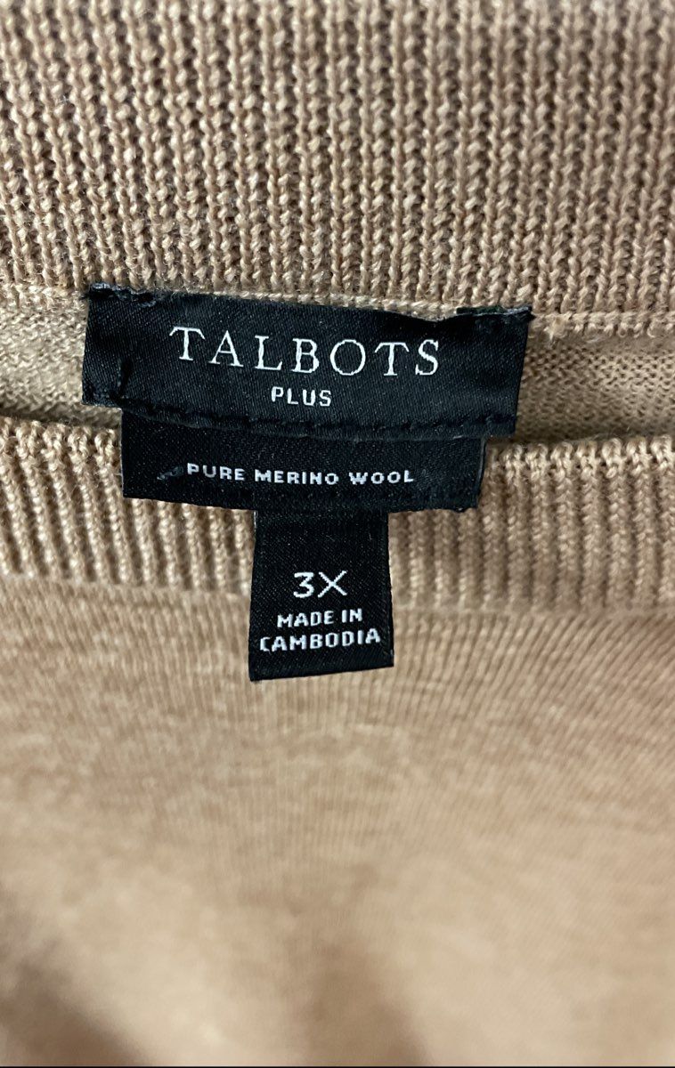 Talbots Plus Women's Tan Merino Wool Ribbed Shoulder Crewneck Sweater Size 3X