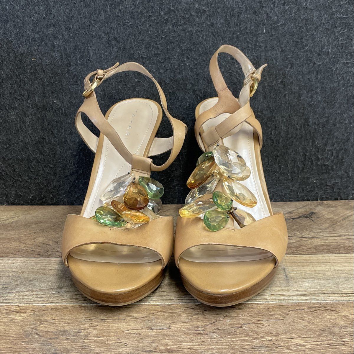 Tahari Treble Women's Tan Leather Gem Embellished Slingback Heels Size 9M