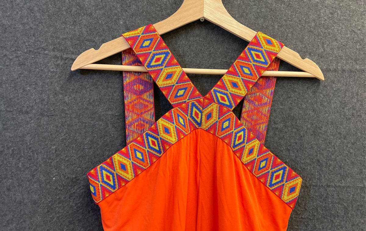 New York & Company Women's Orange Maxi Dress Geometric Patterned Neckline Sz M