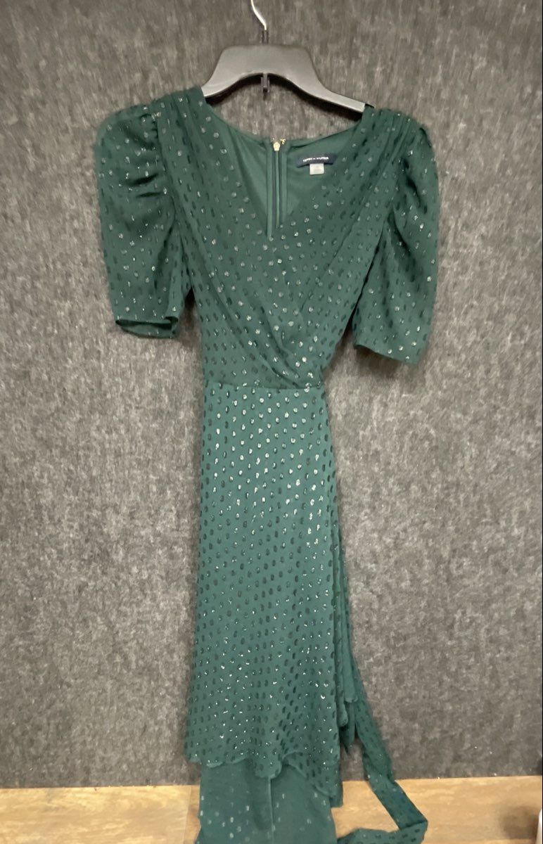 Tommy Hilfiger Women's Green Metallic Dot Puff Sleeve Wrap Dress Sz 4P