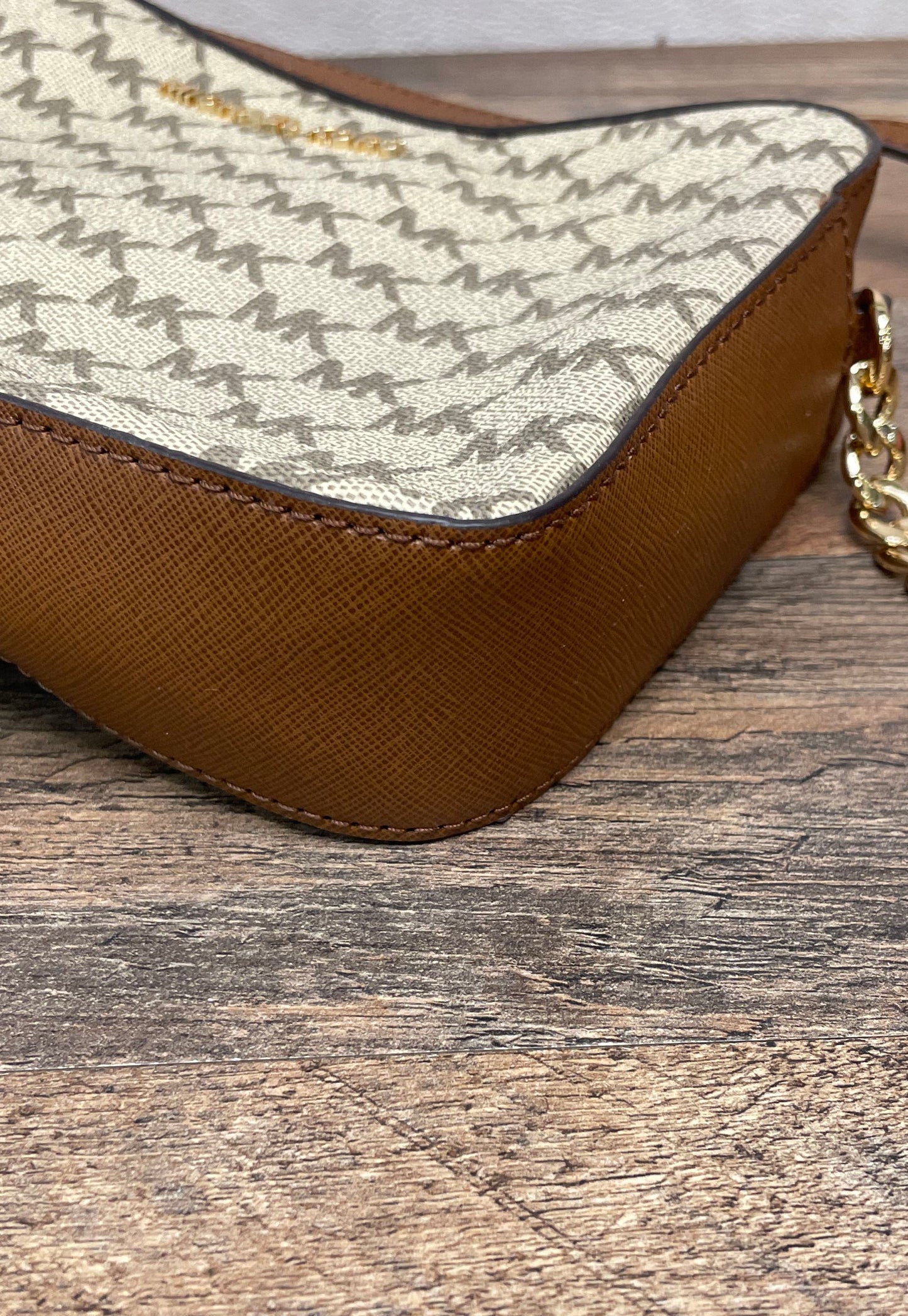 Michael Kors Brown Tan Signature MK Monogram Crossbody Camera Bag Gold Hardware