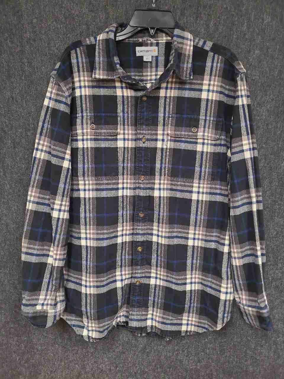 Carhartt Men's Hubbard Plaid Flannel Button Up Shirt Blue Gray Cream Size L
