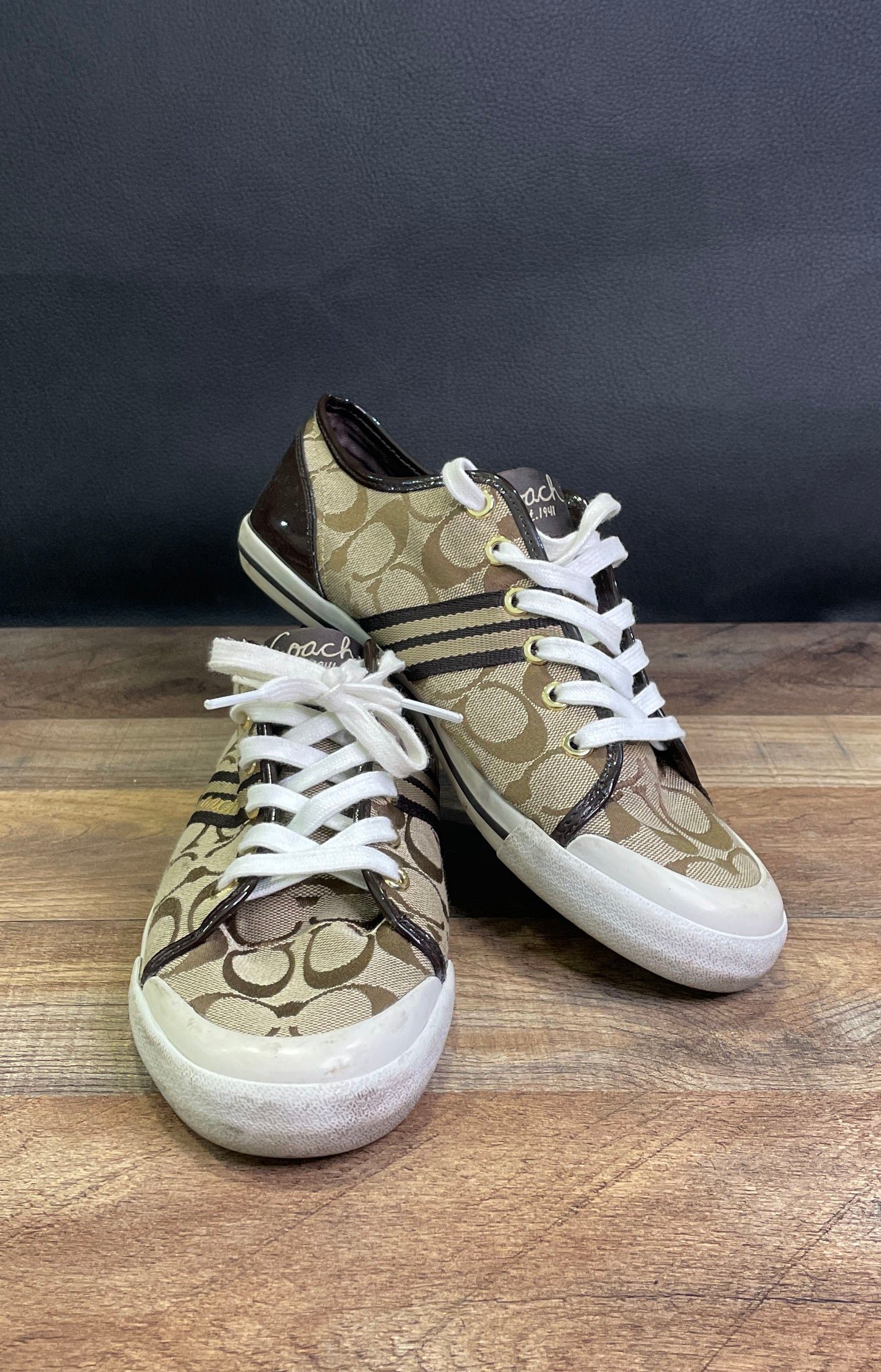 Coach Barrett Signature Jacquard Khaki Brown Low Top Sneakers Women's Size 9B