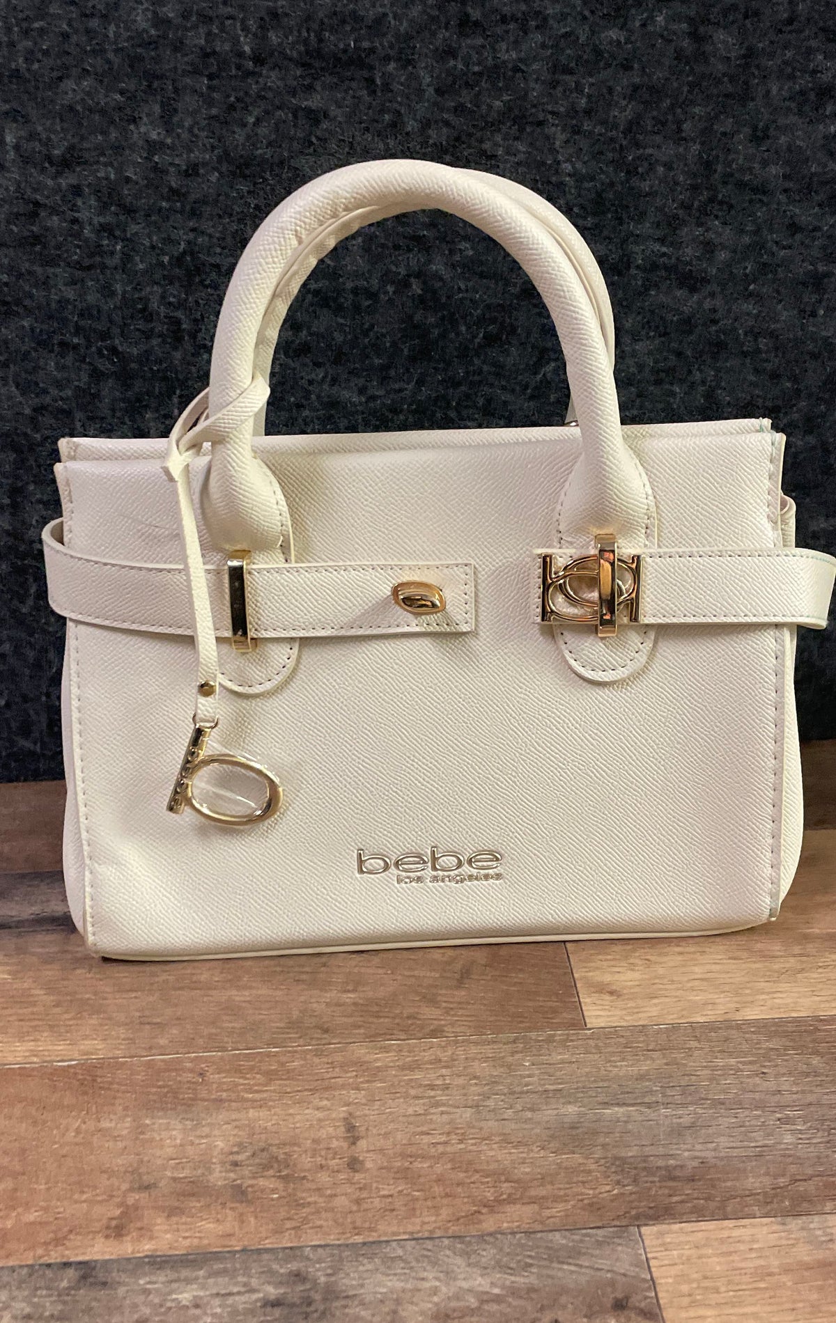 Bebe White Textured Faux Leather Satchel Bag Gold Hardware Top Handle Crossbody