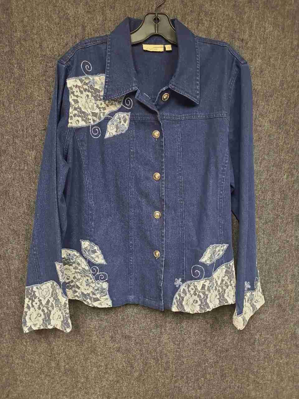 Choices Women's Blue Denim Jacket Lace Applique Floral Embroidery Sz XL