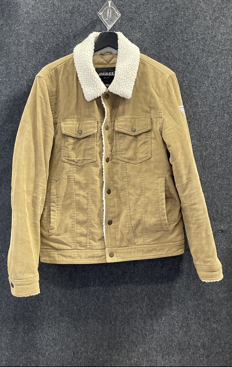 Guess Women's Sherpa Lined Tan Corduroy Trucker Jacket Sz S