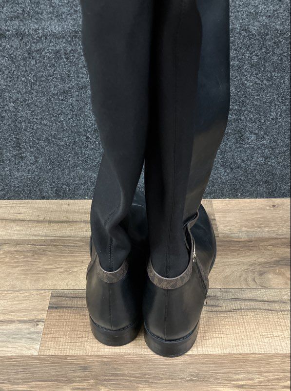 Michael Kors Black Mixed Media Tall Riding Boots MK Logo Strap Women's Size 9M