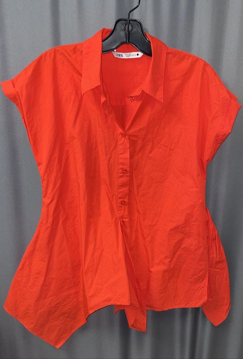 Zara Women's Orange Short Sleeve Button Front Asymmetric Hem Cotton Shirt Sz M