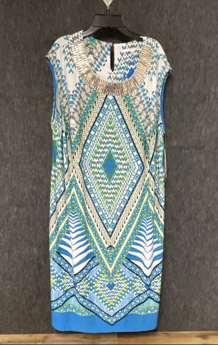 Studio One New York Women's Blue Geometric Embellished Midi Dress Sz 2X NWT