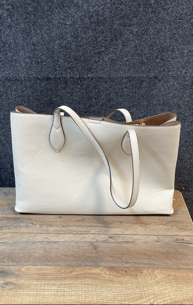 Anne Klein Beige Pebbled Tote Bag Handbag Large Gold Tone Hardware