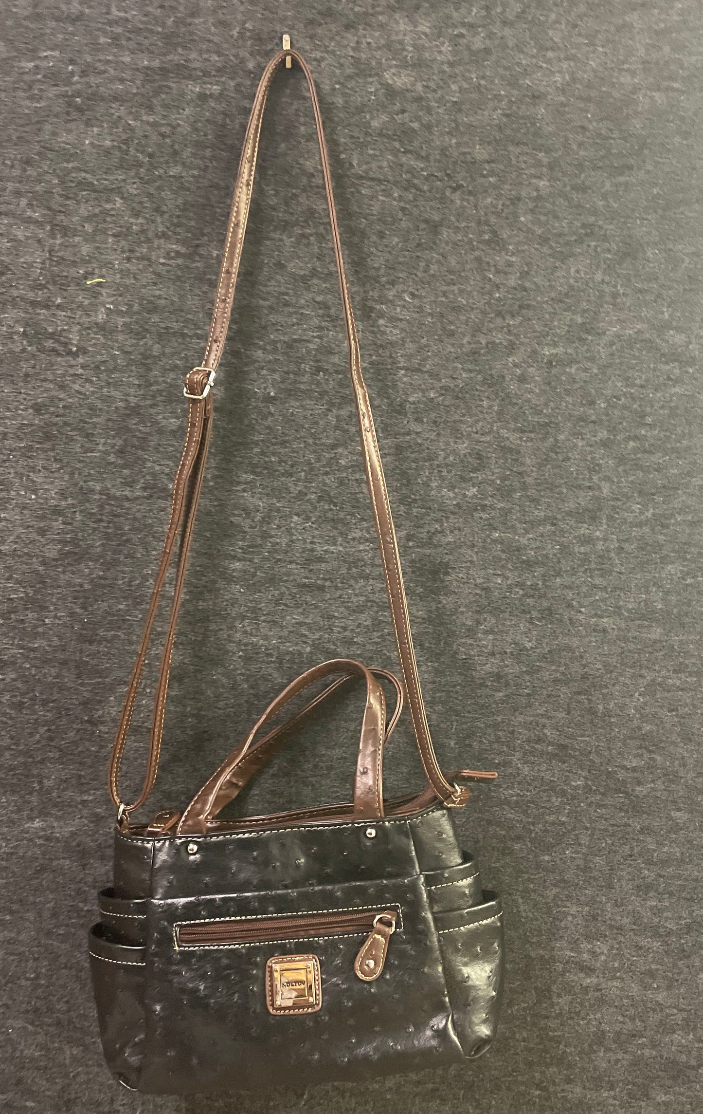 Vintage Koltov Black Ostrich Embossed Satchel Crossbody Handbag Brown Trim