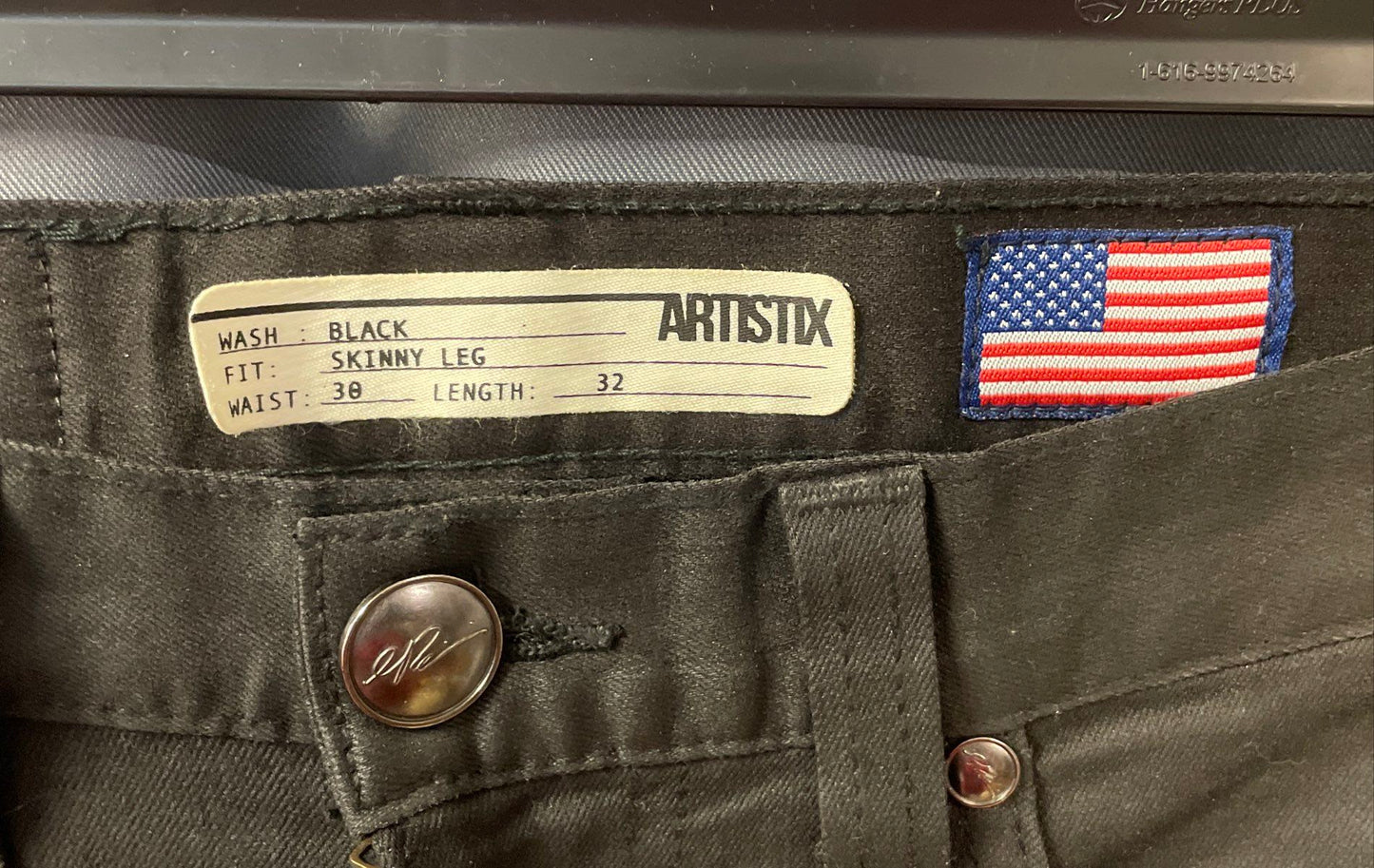 Artistix Men's Black Coated Skinny Leg Jeans Cross Embroidery Signature Sz 30x32