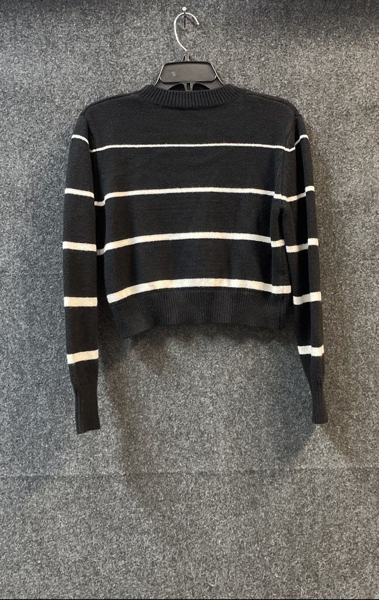 For The Republic Women's Black White Striped Cropped Crewneck Sweater Sz S