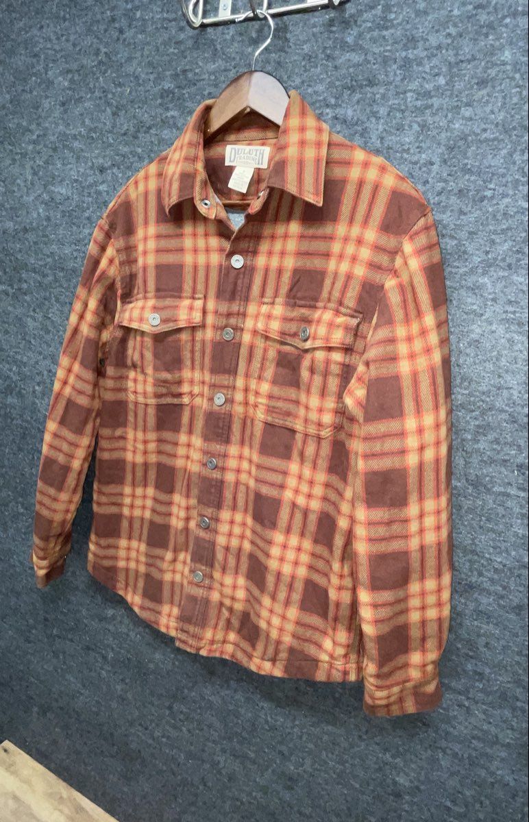 Duluth Trading Co. Men's Orange Plaid Fleece Lined Flannel Snap Shacket Jacket