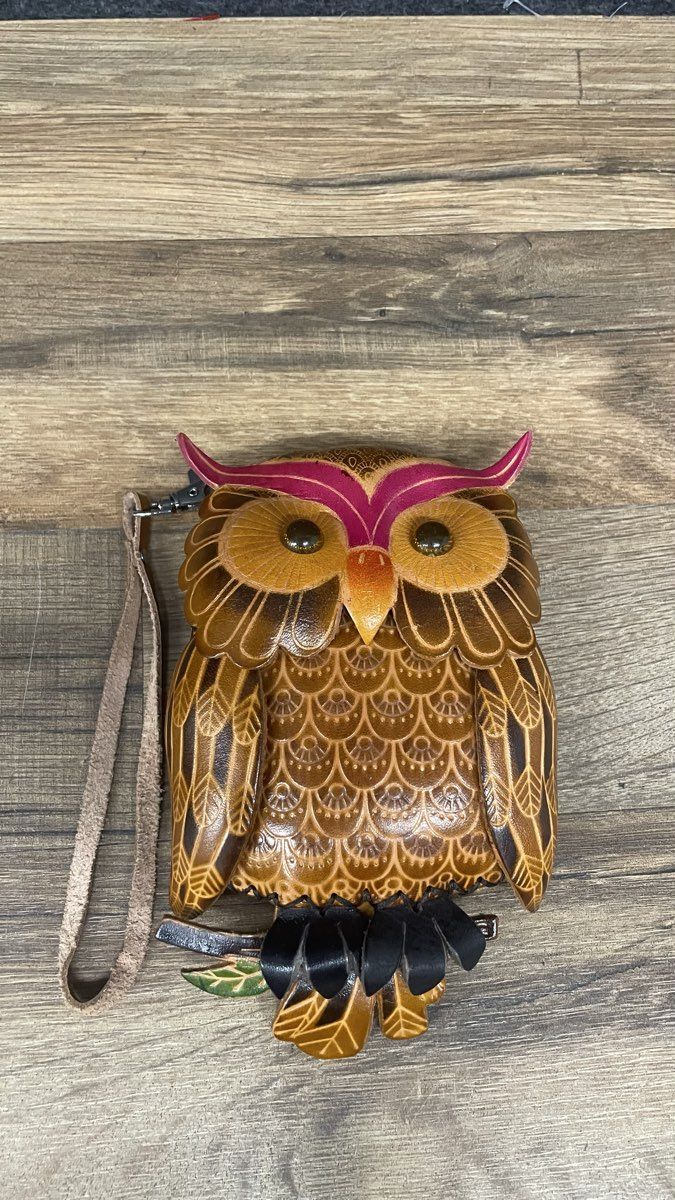 Handmade Brown Tooled Leather Owl Coin Purse Wristlet Small Zip Pouch Bag