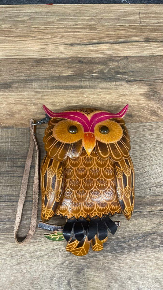 Handmade Brown Tooled Leather Owl Coin Purse Wristlet Small Zip Pouch Bag