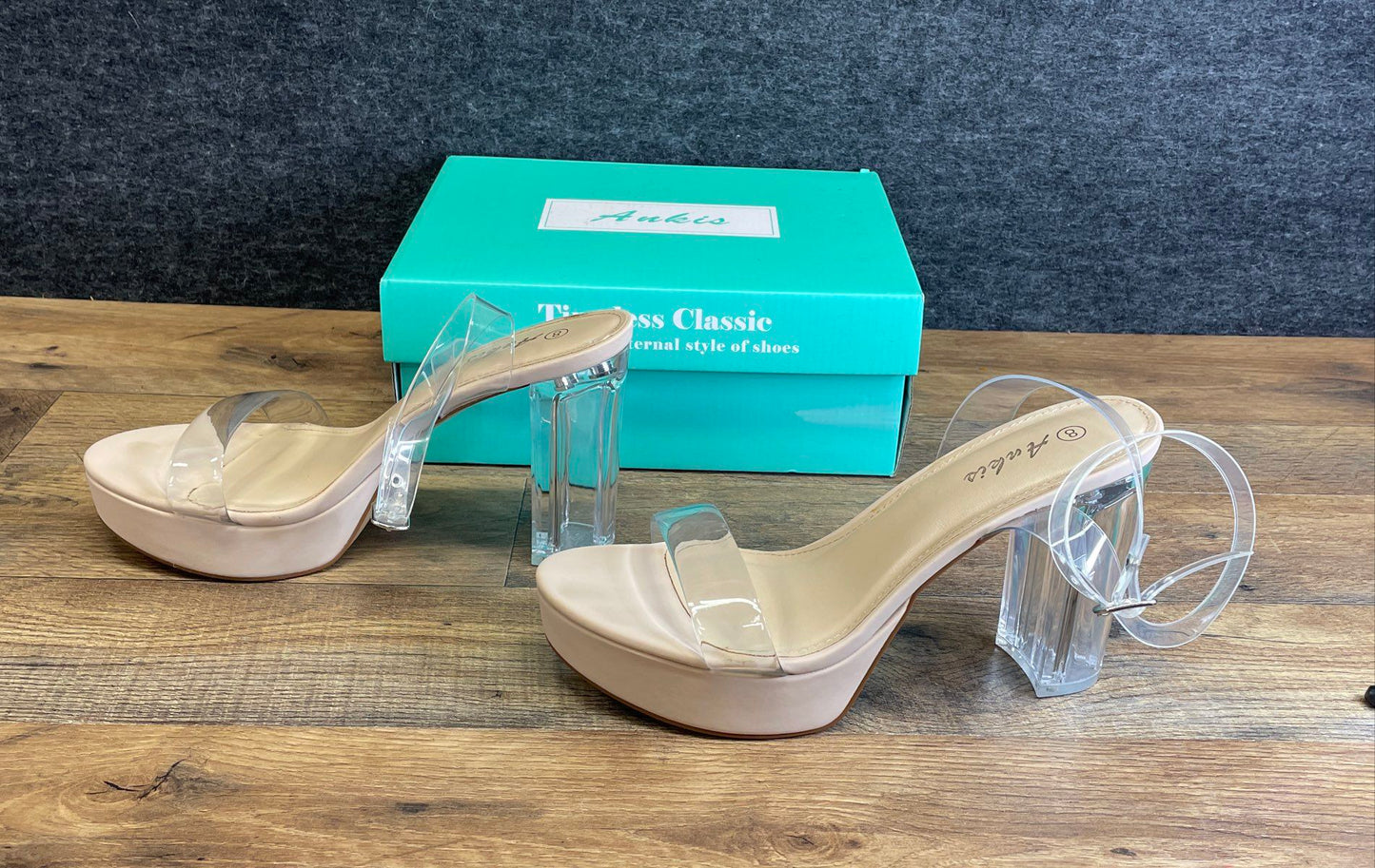 Ankis Clear Lucite Strappy Platform Block Heel Sandals Nude Womens Size 8