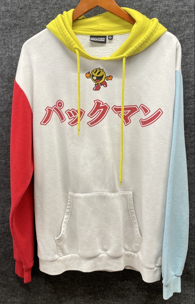 Pac-Man Men's Longsleeve Hoodie White Colorblock Japanese Katakana Graphic Sz L